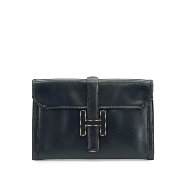 HERMES JIGE PM BLUE MARINE BOX CALF CLUTCH BAG 1986 CIRCLE P 90335882