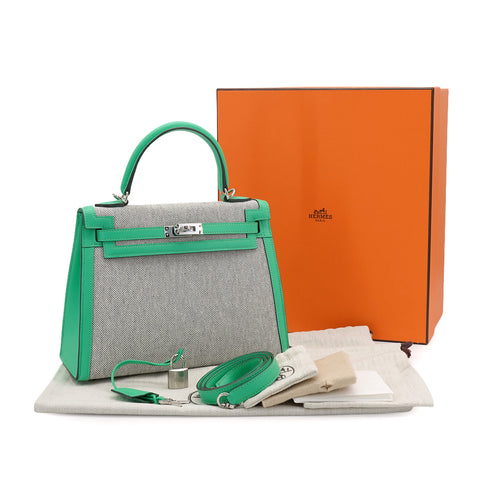 HERMES KELLY25 SELLIER VERT COMICS TOILE H VEAU SWIFT SHOULDER BAG 2024 W STAMP PALLADIUM HARDWARE 90335582