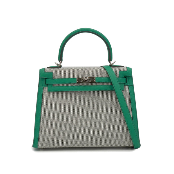 HERMES KELLY25 SELLIER VERT VERTIGO TOILE H VEAU SWIFT SHOULDER BAG 2024 W STAMP PALLADIUM HARDWARE 90351064