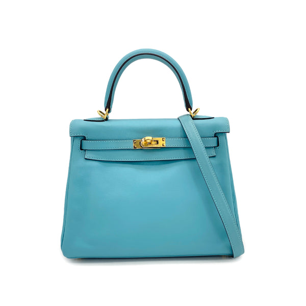 HERMES KELLY 25 RETOURNE BLUE SAINT CYR SWIFT HAND SHOULDER BAG 2015 T GOLD HARDWARE 90327251