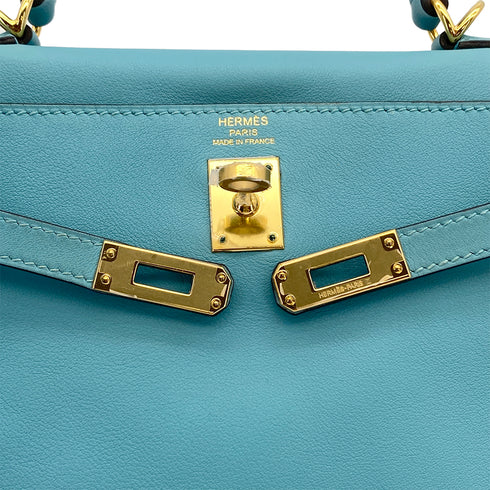 HERMES KELLY 25 RETOURNE BLUE SAINT CYR SWIFT HAND SHOULDER BAG 2015 T GOLD HARDWARE 90327251