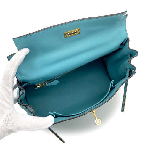HERMES KELLY 25 RETOURNE BLUE SAINT CYR SWIFT HAND SHOULDER BAG 2015 T GOLD HARDWARE 90327251