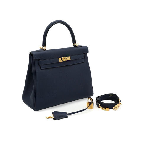 HERMES KELLY 25 RETOURNE BLUE SAPHIR TOGO HAND SHOULDER BAG 2024 W STAMP GOLD HARDWARE 90344354