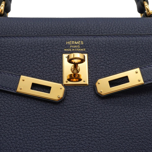 HERMES KELLY 25 RETOURNE BLUE SAPHIR TOGO HAND SHOULDER BAG 2024 W STAMP GOLD HARDWARE 90344354