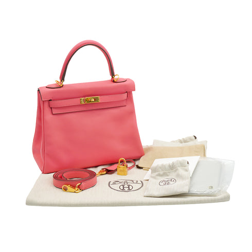 HERMES KELLY 25 RETOURNE ROSE LIPSTICK VEAU SWIFT HAND SHOULDER BAG 2018 C STAMP GOLD HARDWARE 90342431