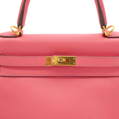HERMES KELLY 25 RETOURNE ROSE LIPSTICK VEAU SWIFT HAND SHOULDER BAG 2018 C STAMP GOLD HARDWARE 90342431
