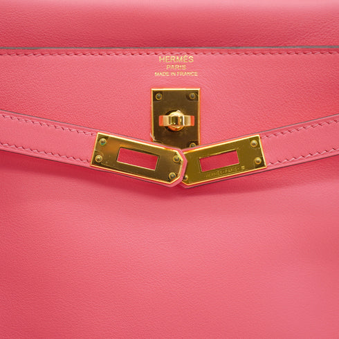 HERMES KELLY 25 RETOURNE ROSE LIPSTICK VEAU SWIFT HAND SHOULDER BAG 2018 C STAMP GOLD HARDWARE 90342431