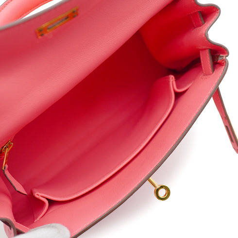 HERMES KELLY 25 RETOURNE ROSE LIPSTICK VEAU SWIFT HAND SHOULDER BAG 2018 C STAMP GOLD HARDWARE 90342431
