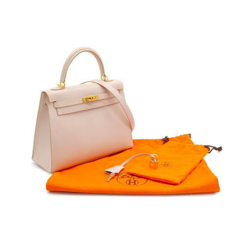 HERMES KELLY 25 SELLIER BEIGE BOX CALF HAND SHOULDER BAG 2001 SQUARE E GOLD HARDWARE 90342407