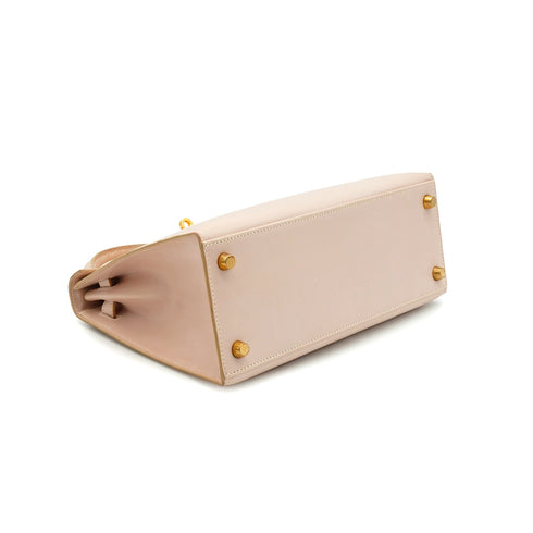 HERMES KELLY 25 SELLIER BEIGE BOX CALF HAND SHOULDER BAG 2001 SQUARE E GOLD HARDWARE 90342407