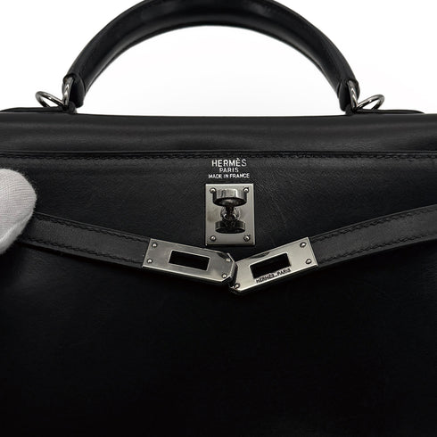 HERMES KELLY 25 SELLIER BLACK BOXCALF HAND SHOULDER BAG 2004 SQUARE H RUTHENIUM HARDWARE 90313863