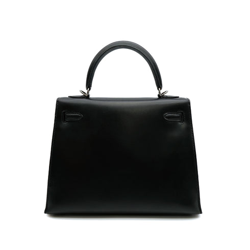 HERMES KELLY 25 SELLIER BLACK BOXCALF HAND SHOULDER BAG 2004 SQUARE H RUTHENIUM HARDWARE 90313863