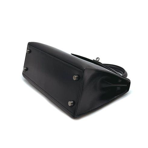 HERMES KELLY 25 SELLIER BLACK BOXCALF HAND SHOULDER BAG 2004 SQUARE H RUTHENIUM HARDWARE 90313863