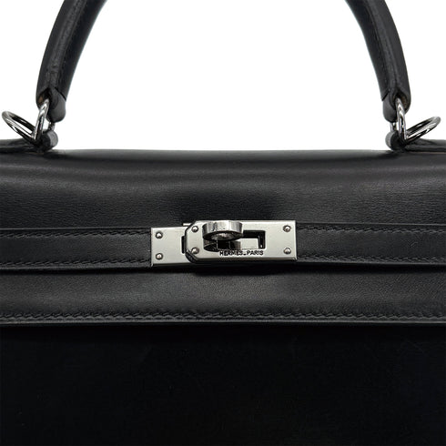 HERMES KELLY 25 SELLIER BLACK BOXCALF HAND SHOULDER BAG 2004 SQUARE H RUTHENIUM HARDWARE 90313863