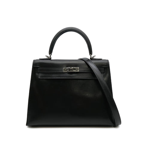 HERMES KELLY 25 SELLIER BLACK BOXCALF HAND SHOULDER BAG 2004 SQUARE H RUTHENIUM HARDWARE 90313863