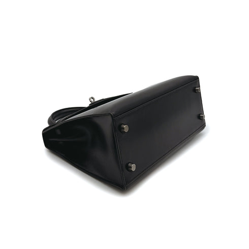 HERMES KELLY 25 SELLIER BLACK BOXCALF HAND SHOULDER BAG 2004 SQUARE H RUTHENIUM HARDWARE 90313863