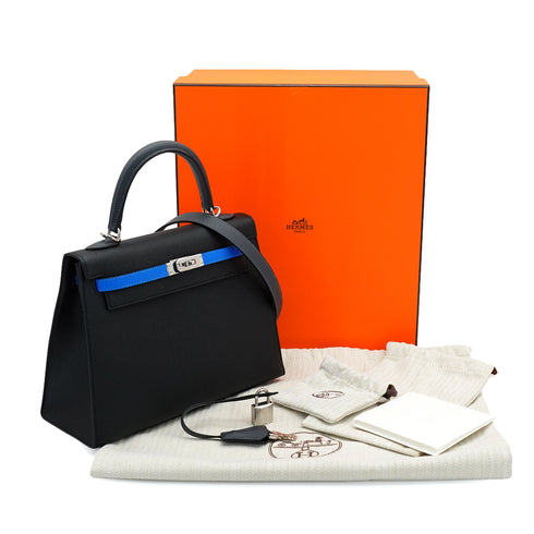 HERMES KELLY 25 SELLIER TRICOLOR BLACK ARDOISE BLEU HYDRA VEAU EPSOM HAND SHOULDER BAG 2024 W STAMP PALLADIUM HARDWARE 90340159