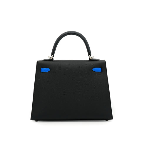 HERMES KELLY 25 SELLIER TRICOLOR BLACK ARDOISE BLEU HYDRA VEAU EPSOM HAND SHOULDER BAG 2024 W STAMP PALLADIUM HARDWARE 90340159