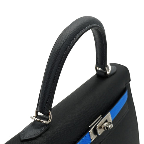 HERMES KELLY 25 SELLIER TRICOLOR BLACK ARDOISE BLEU HYDRA VEAU EPSOM HAND SHOULDER BAG 2024 W STAMP PALLADIUM HARDWARE 90340159