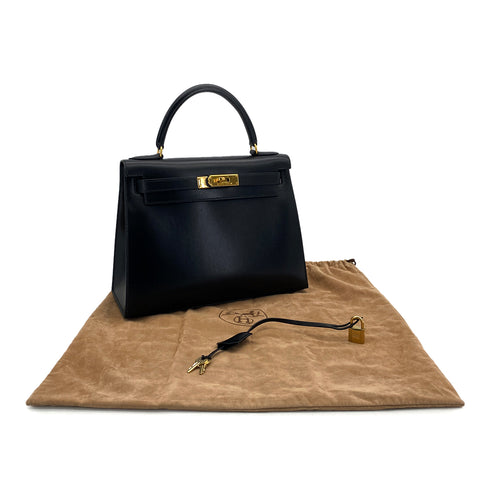 HERMES KELLY 28 BLACK BOXCALF HAND BAG 1996 CIRCLE Z GOLD HARDWARE 90324744