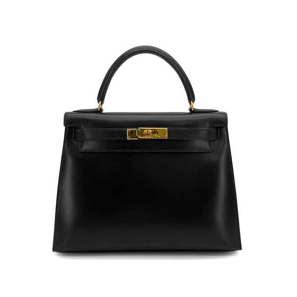 HERMES KELLY 28 BLACK BOXCALF HAND BAG 1996 CIRCLE Z GOLD HARDWARE 90324744