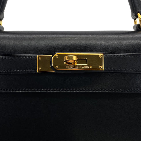HERMES KELLY 28 BLACK BOXCALF HAND BAG 1996 CIRCLE Z GOLD HARDWARE 90324744