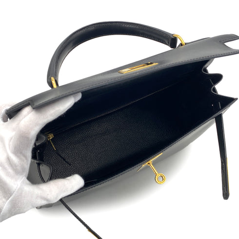 HERMES KELLY 28 BLACK BOXCALF HAND BAG 1996 CIRCLE Z GOLD HARDWARE 90324744