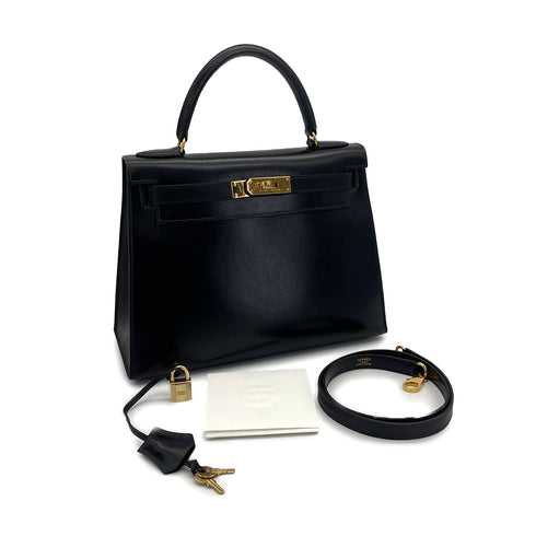 HERMES KELLY 28 BLACK BOXCALF HAND SHOULDER BAG 1993 CIRCLE W GOLD HARDWARE 90321156