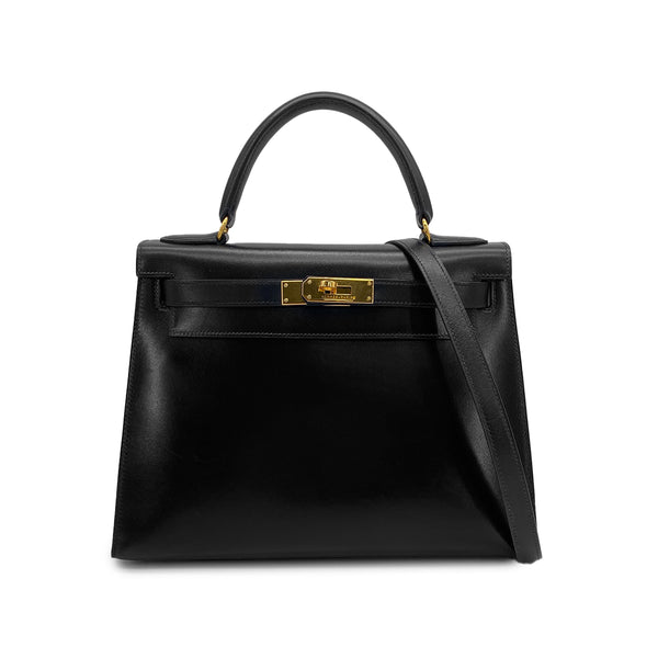HERMES KELLY 28 BLACK BOXCALF HAND SHOULDER BAG 1993 CIRCLE W GOLD HARDWARE 90321156