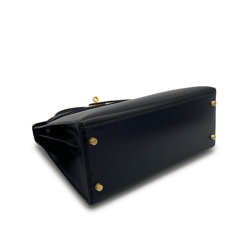 HERMES KELLY 28 BLACK BOXCALF HAND SHOULDER BAG 1993 CIRCLE W GOLD HARDWARE 90321156