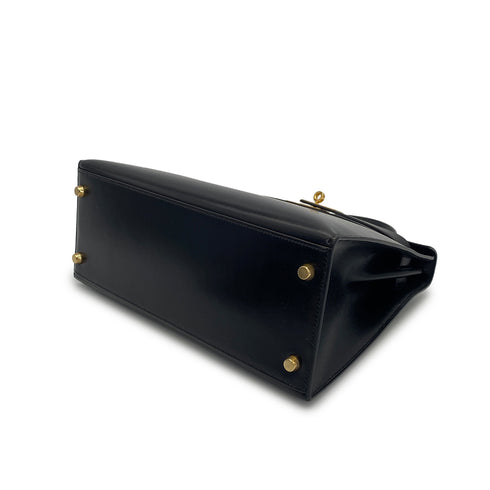 HERMES KELLY 28 BLACK BOXCALF HAND SHOULDER BAG 1993 CIRCLE W GOLD HARDWARE 90321156