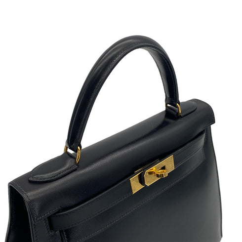 HERMES KELLY 28 BLACK BOXCALF HAND SHOULDER BAG 1993 CIRCLE W GOLD HARDWARE 90321156