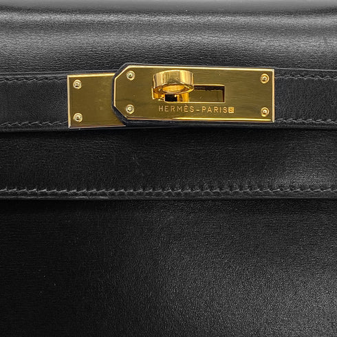 HERMES KELLY 28 BLACK BOXCALF HAND SHOULDER BAG 1993 CIRCLE W GOLD HARDWARE 90321156