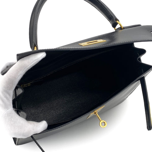 HERMES KELLY 28 BLACK BOXCALF HAND SHOULDER BAG 1993 CIRCLE W GOLD HARDWARE 90321156