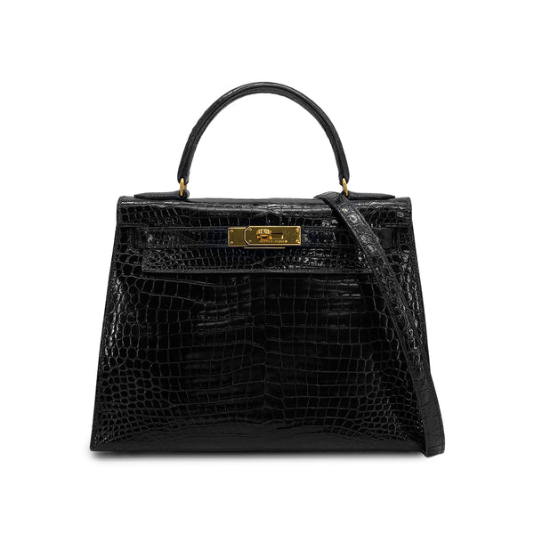 HERMES KELLY 28 BLACK POROSUS CROCODILE HAND SHOULDER BAG 1993 CIRCLE W GOLD HARDWARE 90321000