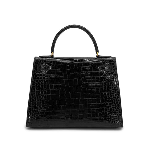 HERMES KELLY 28 BLACK POROSUS CROCODILE HAND SHOULDER BAG 1993 CIRCLE W GOLD HARDWARE 90321000