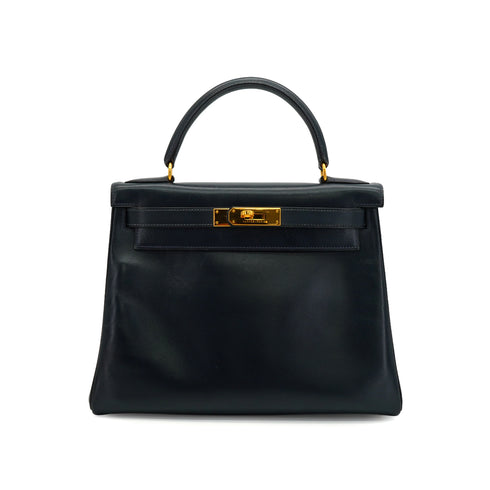 HERMES KELLY 28 BLUE INDIGO BOX CALF HAND BAG 1992 CIRCLE V GOLD HARDWARE 90339443