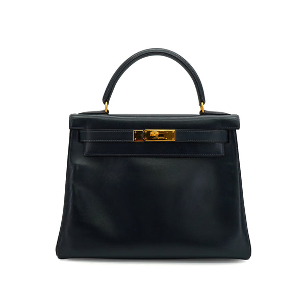 HERMES KELLY 28 BLUE INDIGO BOX CALF HAND BAG 1992 CIRCLE V GOLD HARDWARE 90339443