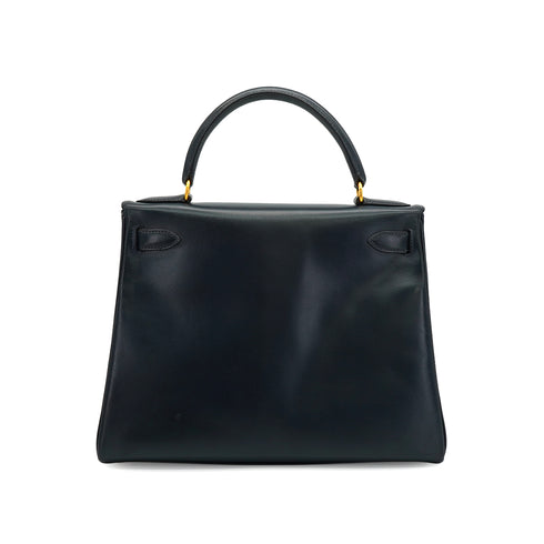 HERMES KELLY 28 BLUE INDIGO BOX CALF HAND BAG 1992 CIRCLE V GOLD HARDWARE 90339443