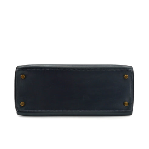 HERMES KELLY 28 BLUE INDIGO BOX CALF HAND BAG 1992 CIRCLE V GOLD HARDWARE 90339443