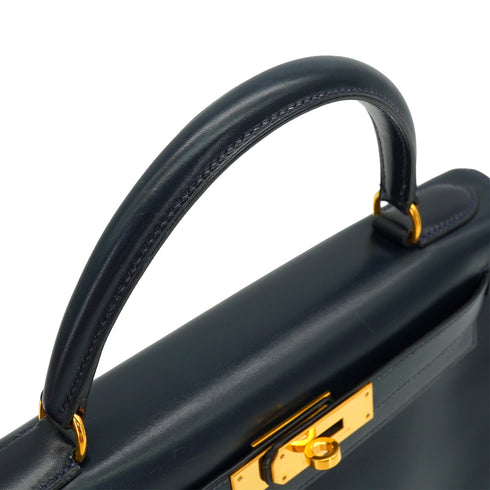 HERMES KELLY 28 BLUE INDIGO BOX CALF HAND BAG 1992 CIRCLE V GOLD HARDWARE 90339443