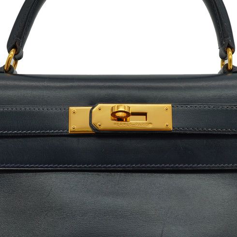 HERMES KELLY 28 BLUE INDIGO BOX CALF HAND BAG 1992 CIRCLE V GOLD HARDWARE 90339443