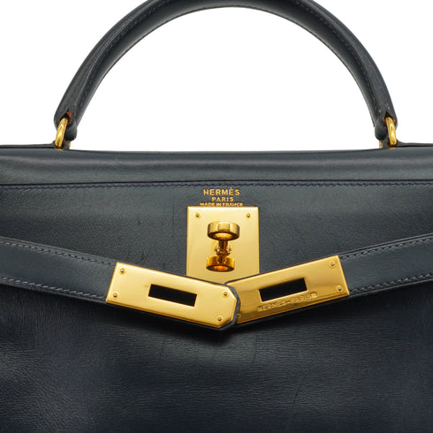 HERMES KELLY 28 BLUE INDIGO BOX CALF HAND BAG 1992 CIRCLE V GOLD HARDWARE 90339443