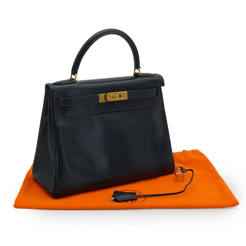 HERMES KELLY 28 BLUE INDIGO BOX CALF HAND BAG 1992 CIRCLE V GOLD HARDWARE 90339443