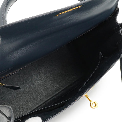 HERMES KELLY 28 BLUE INDIGO BOX CALF HAND BAG 1992 CIRCLE V GOLD HARDWARE 90339443