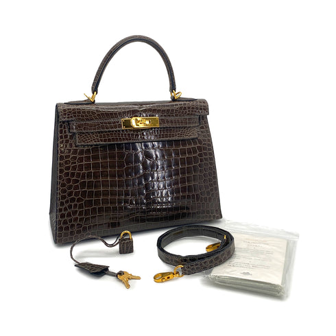 HERMES KELLY 28 GRIS ELEPHANT POROSUS CROCODILE HAND SHOULDER BAG 2001 SQUARE E GOLD HARDWARE 90323190