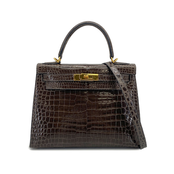 HERMES KELLY 28 GRIS ELEPHANT POROSUS CROCODILE HAND SHOULDER BAG 2001 SQUARE E GOLD HARDWARE 90323190