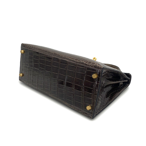 HERMES KELLY 28 GRIS ELEPHANT POROSUS CROCODILE HAND SHOULDER BAG 2001 SQUARE E GOLD HARDWARE 90323190