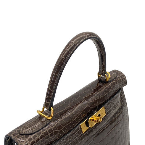 HERMES KELLY 28 GRIS ELEPHANT POROSUS CROCODILE HAND SHOULDER BAG 2001 SQUARE E GOLD HARDWARE 90323190