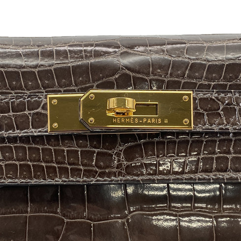 HERMES KELLY 28 GRIS ELEPHANT POROSUS CROCODILE HAND SHOULDER BAG 2001 SQUARE E GOLD HARDWARE 90323190
